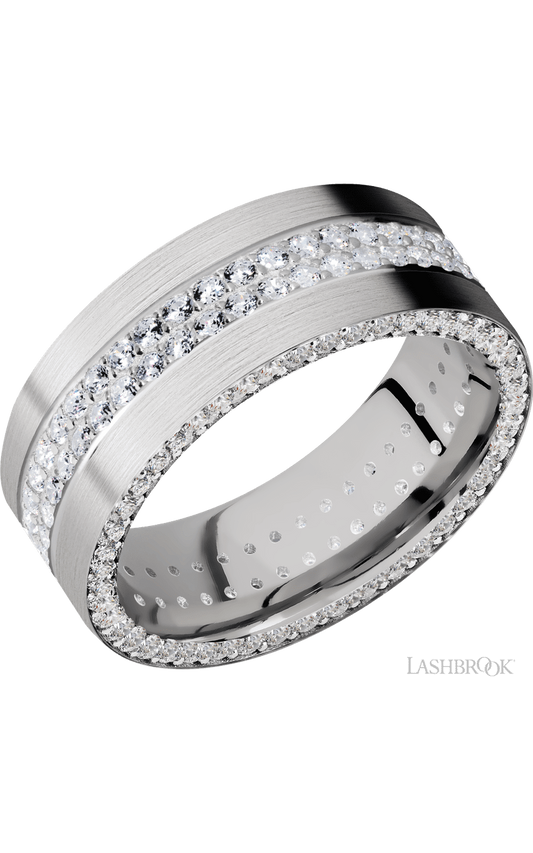 8 mm wide/Flat/14K White Gold band with a Side Eternity arrangement of .01 carat Round Diamond stones in a Bead Channel setting and featuring a a 2 Row Eternity arrangement of .015 carat Round Diamond stones in a Bead Channel setting