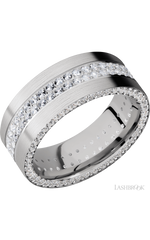 8 mm wide/Flat/14K White Gold band with a Side Eternity arrangement of .01 carat Round Diamond stones in a Bead Channel setting and featuring a a 2 Row Eternity arrangement of .015 carat Round Diamond stones in a Bead Channel setting