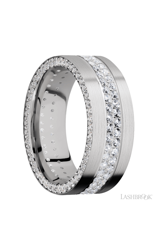 8 mm wide/Flat/14K White Gold band with a Side Eternity arrangement of .01 carat Round Diamond stones in a Bead Channel setting and featuring a a 2 Row Eternity arrangement of .015 carat Round Diamond stones in a Bead Channel setting