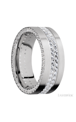 8 mm wide/Flat/14K White Gold band with a Side Eternity arrangement of .01 carat Round Diamond stones in a Bead Channel setting and featuring a a 2 Row Eternity arrangement of .015 carat Round Diamond stones in a Bead Channel setting