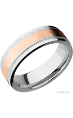 7 mm wide/Flat Stepped Edges Milgrain/Cobalt Chrome band with one 3 mm Centered inlay of 14K Rose Gold.