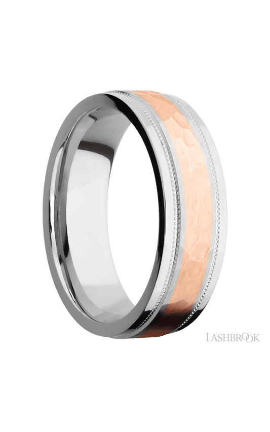 7 mm wide/Flat Stepped Edges Milgrain/Cobalt Chrome band with one 3 mm Centered inlay of 14K Rose Gold.