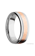 7 mm wide/Flat Stepped Edges Milgrain/Cobalt Chrome band with one 3 mm Centered inlay of 14K Rose Gold.