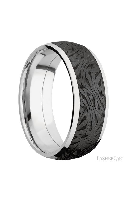 8 mm wide/Domed/Cobalt Chrome band with one 6 mm Centered inlay of Zirconium with a laser carved Escher 1 pattern.
