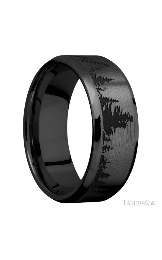 8 mm wide/Beveled/Zirconium band with a laser carved Trees pattern.