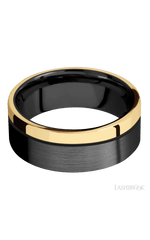 8 mm wide/Flat/Zirconium band with one 2 mm Off Center Edge inlay of 14K Yellow Gold.