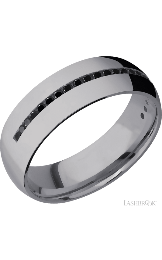 7 mm wide/Domed/Tantalum band with a Half Eternity arrangement of .015 carat Round Black Diamond stones in a Channel setting.