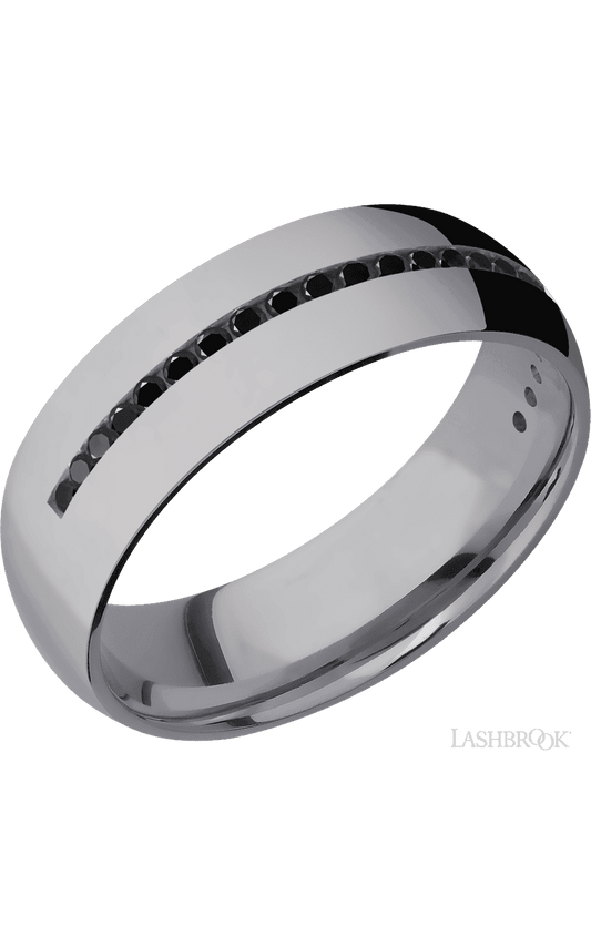 7 mm wide/Domed/Tantalum band with a Half Eternity arrangement of .015 carat Round Black Diamond stones in a Channel setting.