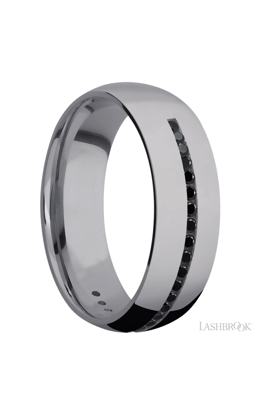 7 mm wide/Domed/Tantalum band with a Half Eternity arrangement of .015 carat Round Black Diamond stones in a Channel setting.