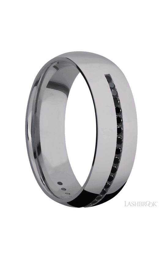7 mm wide/Domed/Tantalum band with a Half Eternity arrangement of .015 carat Round Black Diamond stones in a Channel setting.