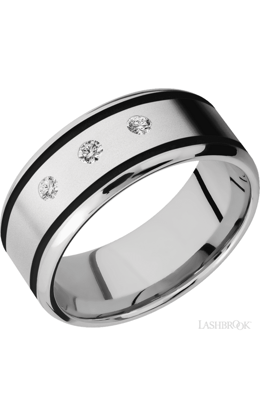 9 mm wide/Beveled/Cobalt Chrome band with  two 1 mm Wide inlays of Black and featuring an  arrangement of 3, .05 carat Round Diamond stones in a Flush setting