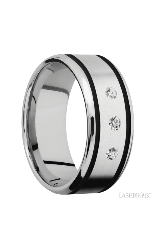 9 mm wide/Beveled/Cobalt Chrome band with  two 1 mm Wide inlays of Black and featuring an  arrangement of 3, .05 carat Round Diamond stones in a Flush setting