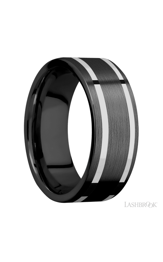 8 mm wide/Flat/Zirconium band with two 1 mm Wide inlays of 14K White Gold.