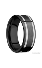 8 mm wide/Flat/Zirconium band with two 1 mm Wide inlays of 14K White Gold.