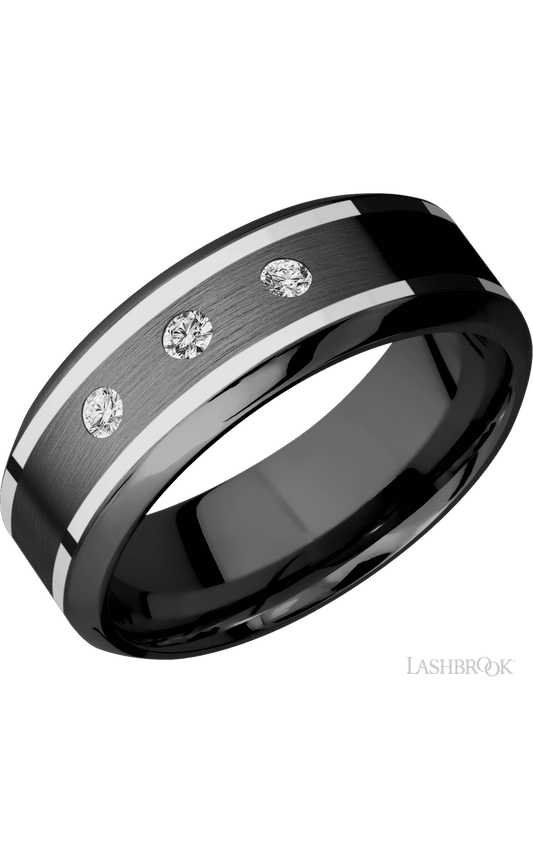 8 mm wide/High Bevel/Zirconium band with  two 1 mm Wide inlays of 14K White Gold and featuring an  arrangement of 3, .05 carat Round Diamond (ST) stones in a Flush setting