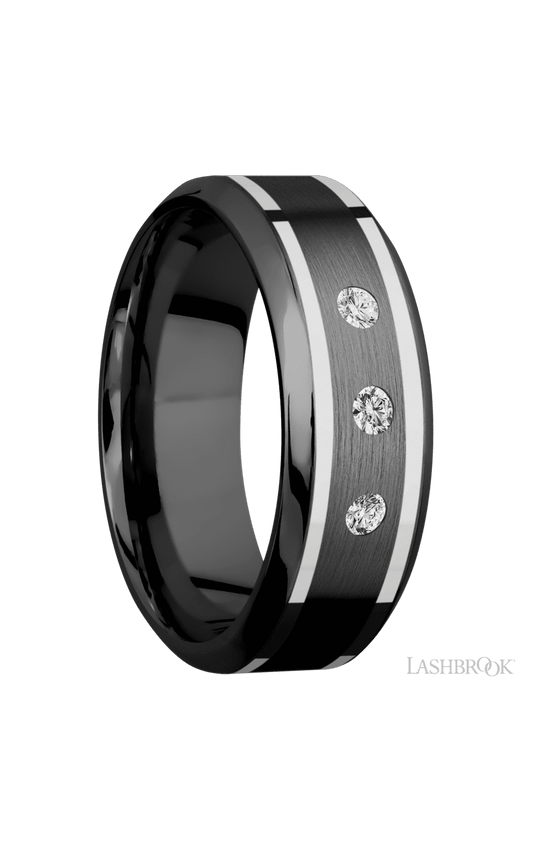 8 mm wide/High Bevel/Zirconium band with  two 1 mm Wide inlays of 14K White Gold and featuring an  arrangement of 3, .05 carat Round Diamond (ST) stones in a Flush setting