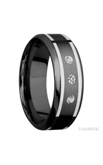 8 mm wide/High Bevel/Zirconium band with  two 1 mm Wide inlays of 14K White Gold and featuring an  arrangement of 3, .05 carat Round Diamond (ST) stones in a Flush setting
