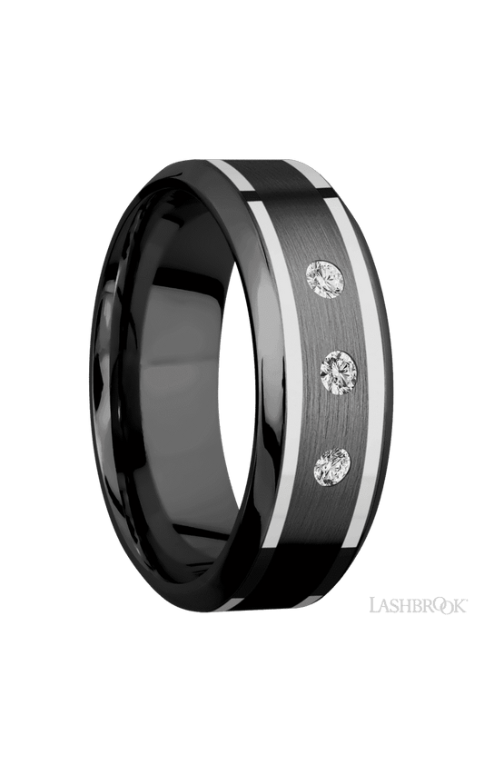 8 mm wide/High Bevel/Zirconium band with  two 1 mm Wide inlays of 14K White Gold and featuring an  arrangement of 3, .05 carat Round Diamond (ST) stones in a Flush setting