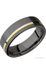 7 mm wide/Flat/Tantalum Noir band with one 1 mm Off Center inlay of 14K Yellow Gold.