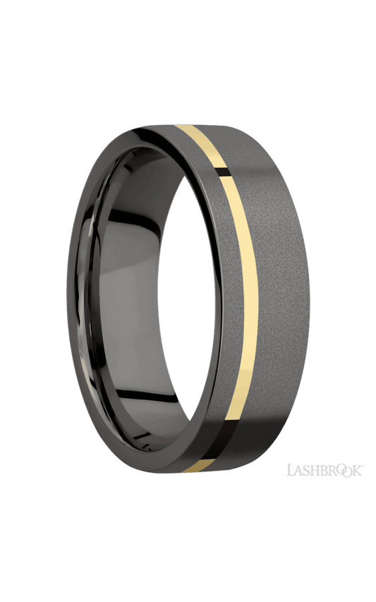 7 mm wide/Flat/Tantalum Noir band with one 1 mm Off Center inlay of 14K Yellow Gold.
