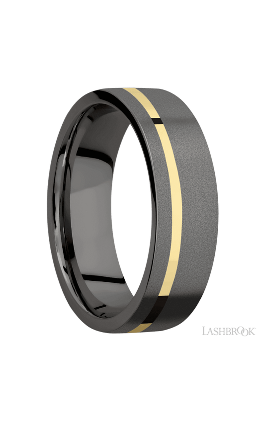 7 mm wide/Flat/Tantalum Noir band with one 1 mm Off Center inlay of 14K Yellow Gold.