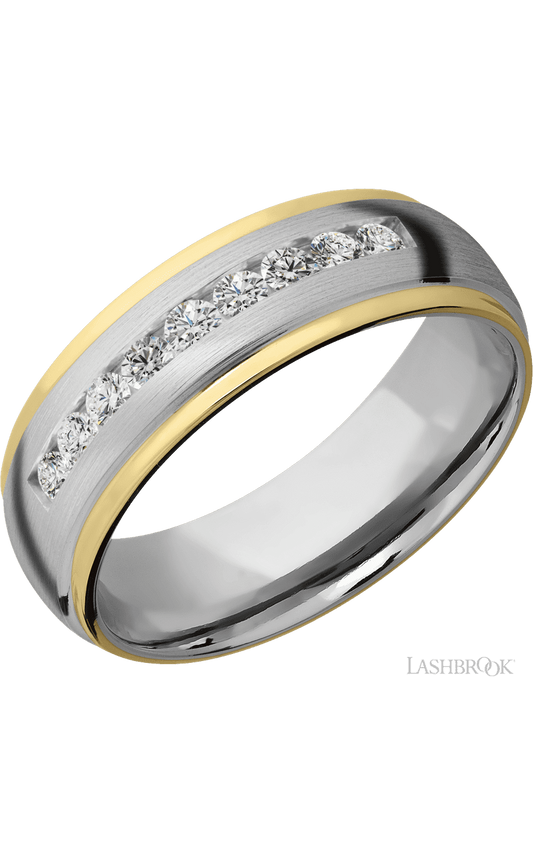 7 mm wide/Domed Stepped Down Edges/Cobalt Chrome band with an  arrangement of 9, .05 carat Round Lab Grown Diamond stones in a Channel setting and featuring two 1 mm Edge inlays of 14K Yellow Gold