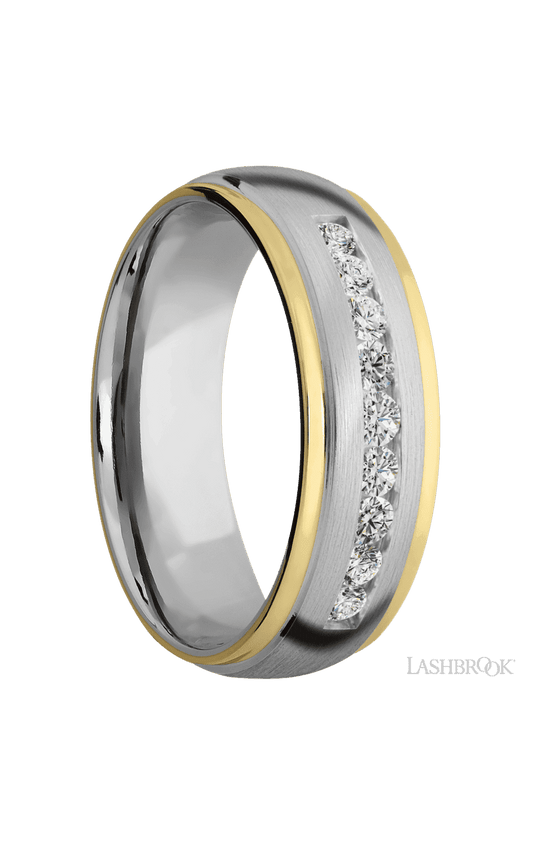 7 mm wide/Domed Stepped Down Edges/Cobalt Chrome band with an  arrangement of 9, .05 carat Round Lab Grown Diamond stones in a Channel setting and featuring two 1 mm Edge inlays of 14K Yellow Gold