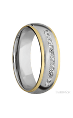 7 mm wide/Domed Stepped Down Edges/Cobalt Chrome band with an  arrangement of 9, .05 carat Round Lab Grown Diamond stones in a Channel setting and featuring two 1 mm Edge inlays of 14K Yellow Gold