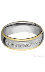 7 mm wide/Domed Stepped Down Edges/Cobalt Chrome band with an  arrangement of 9, .05 carat Round Lab Grown Diamond stones in a Channel setting and featuring two 1 mm Edge inlays of 14K Yellow Gold