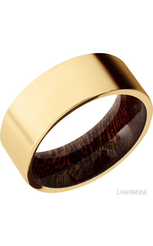 8 mm wide Flat 14K Yellow Gold band featuring a Sapele sleeve.