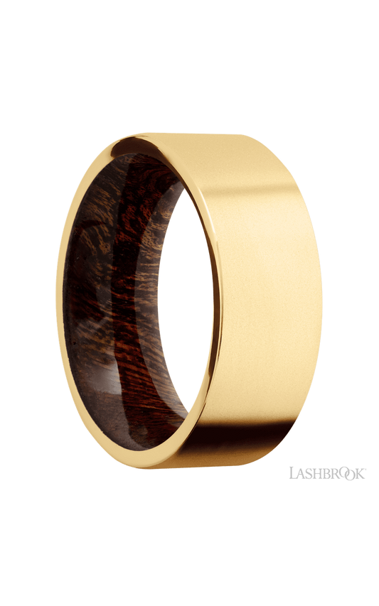 8 mm wide Flat 14K Yellow Gold band featuring a Sapele sleeve.