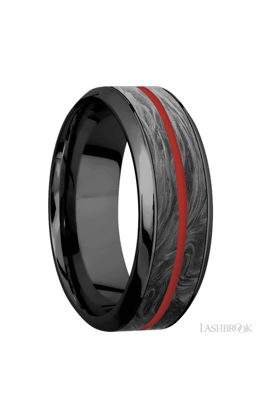 8 mm wide/High Bevel/Zirconium band featuring inlays of Forged Carbon Fiber and USMC Red.