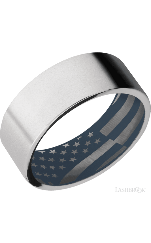8 mm wide Flat Cobalt Chrome band featuring a Navy Blue sleeve.