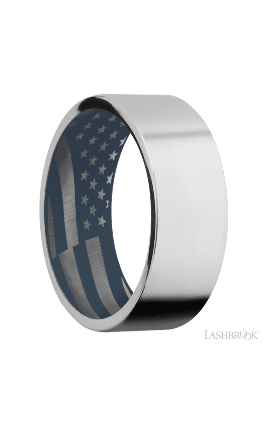8 mm wide Flat Cobalt Chrome band featuring a Navy Blue sleeve.
