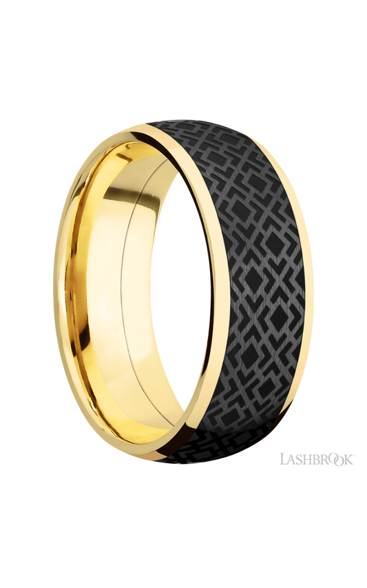 8 mm wide/Domed/14K Yellow Gold band with one 6 mm Centered inlay of Zirconium with a laser carved Trellis 2 pattern.