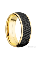 8 mm wide/Domed/14K Yellow Gold band with one 6 mm Centered inlay of Zirconium with a laser carved Trellis 2 pattern.