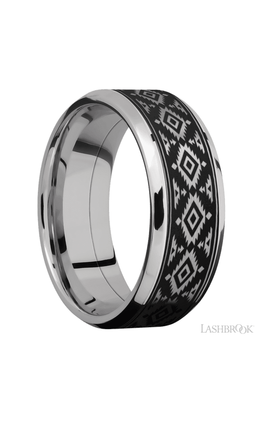8 mm wide/Beveled/Cobalt Chrome band with one 6 mm Centered inlay of Tantalum with a laser carved Aztec 2 pattern.
