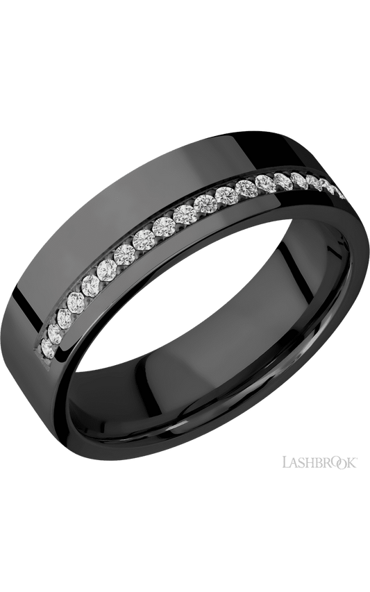 7 mm wide/Flat/Zirconium band with a Off Center Half Eternity arrangement of .015 carat Round Diamond stones in a Bead setting.