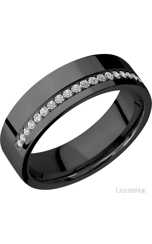 7 mm wide/Flat/Zirconium band with a Off Center Half Eternity arrangement of .015 carat Round Diamond stones in a Bead setting.