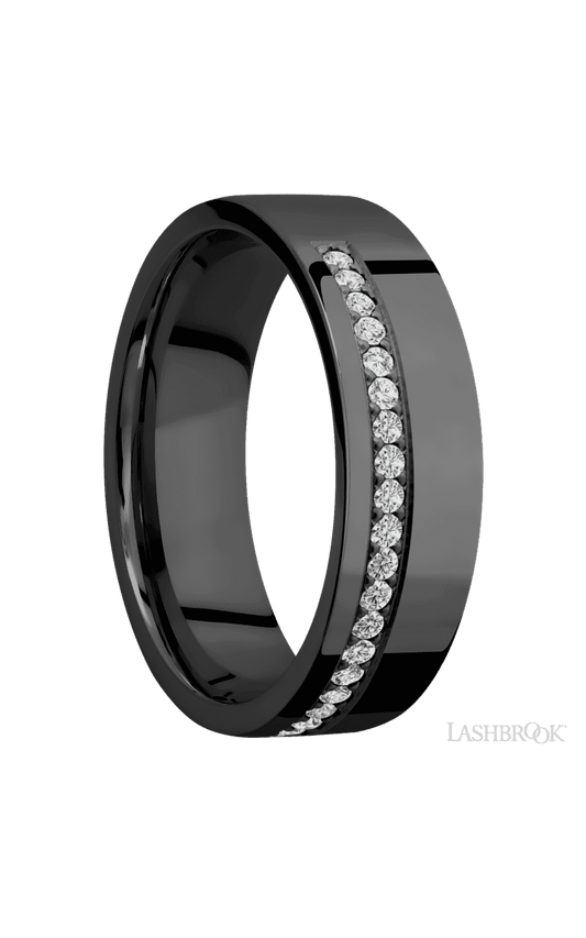7 mm wide/Flat/Zirconium band with a Off Center Half Eternity arrangement of .015 carat Round Diamond stones in a Bead setting.