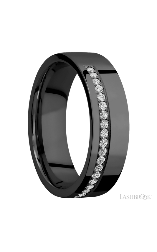 7 mm wide/Flat/Zirconium band with a Off Center Half Eternity arrangement of .015 carat Round Diamond stones in a Bead setting.