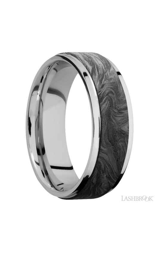 7 mm wide/Flat Grooved Edges/Cobalt Chrome band with one 5 mm Raised Centered inlay of Forged Carbon Fiber.