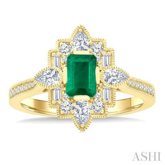 ASHI Emerald Shape Art Deco Gemstone & Diamond Fashion Ring 41893PPFGEMYG