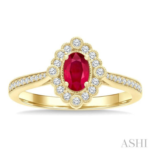 ASHI Oval Shape Art Deco Gemstone & Halo Diamond Ring 42856PPFGRBYG-OV