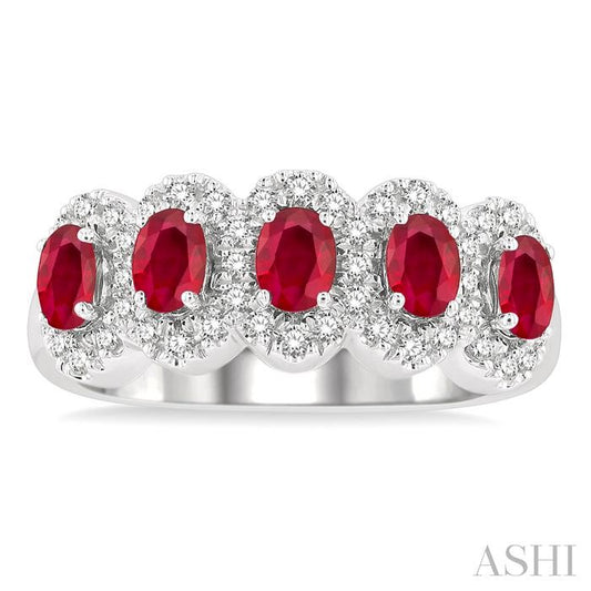ASHI Oval Shape 5 Gemstone & Halo Diamond Wedding Band 46585PPFGRBWG