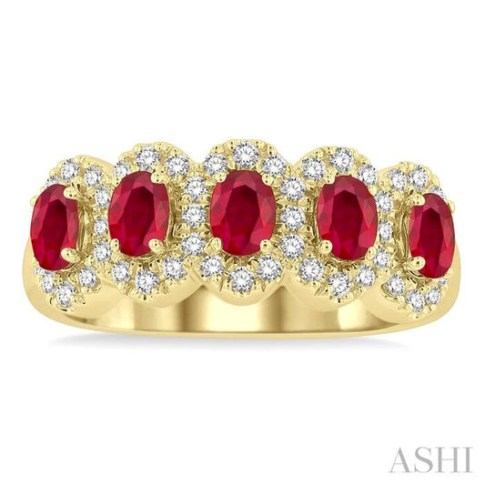 ASHI Oval Shape 5 Gemstone & Halo Diamond Wedding Band 46585PPFGRBYG