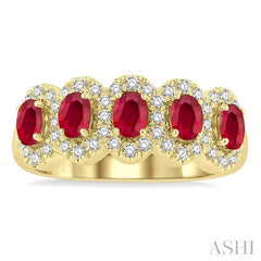 ASHI Oval Shape 5 Gemstone & Halo Diamond Wedding Band 46585PPFGRBYG
