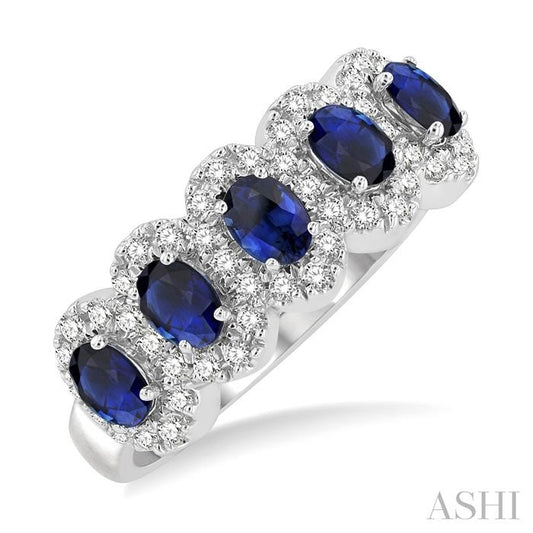 ASHI Oval Shape 5 Gemstone & Halo Diamond Wedding Band 46585PPFGSPWG