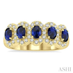 ASHI Oval Shape 5 Gemstone & Halo Diamond Wedding Band 46585PPFGSPYG