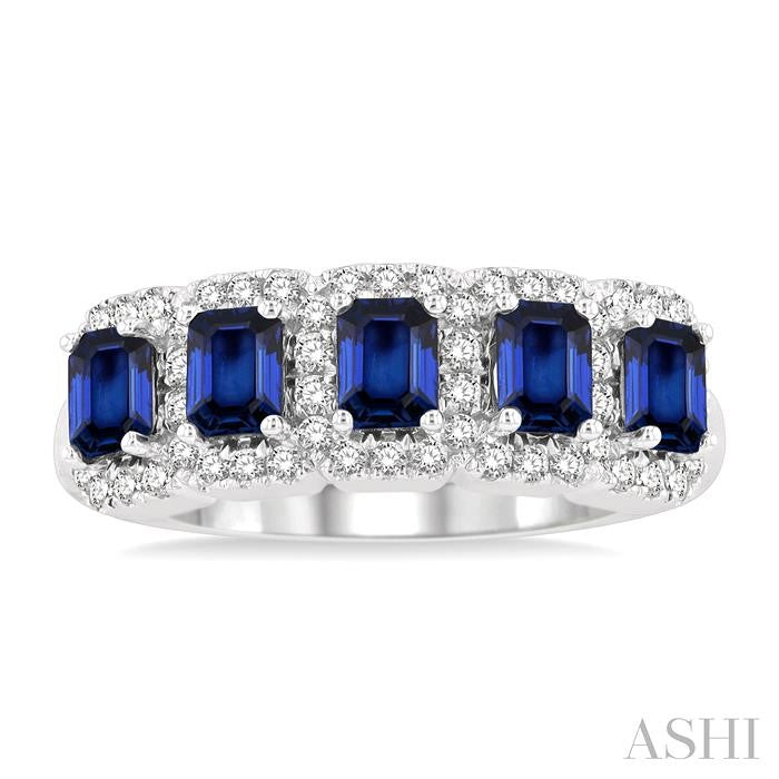 ASHI Emerald Shape 5 Gemstone & Halo Diamond Wedding Band 46593PPFGSPWG
